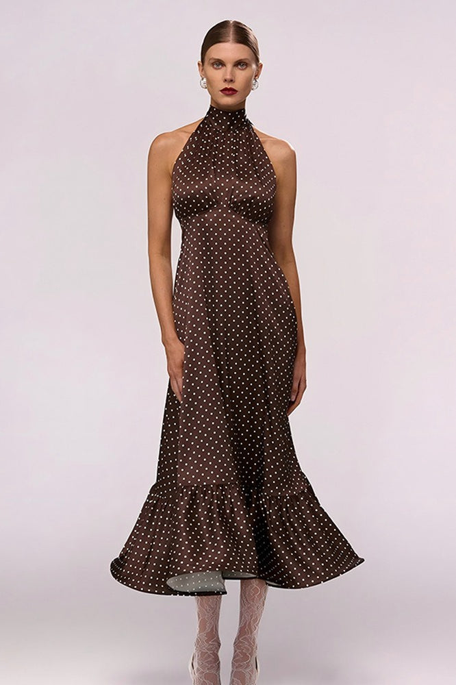 French Style Polka Dot Satin Backless Silk Dress - Fashionpara