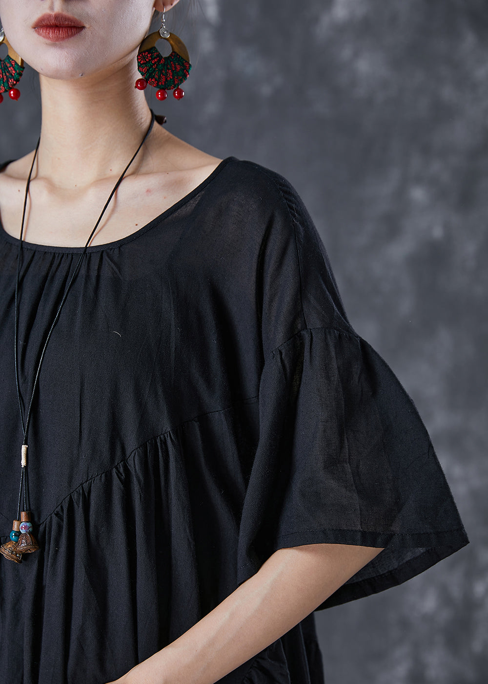 Oversized Asymmetrical Tiered Pleated Pocket Midi Smock Dress - View 5