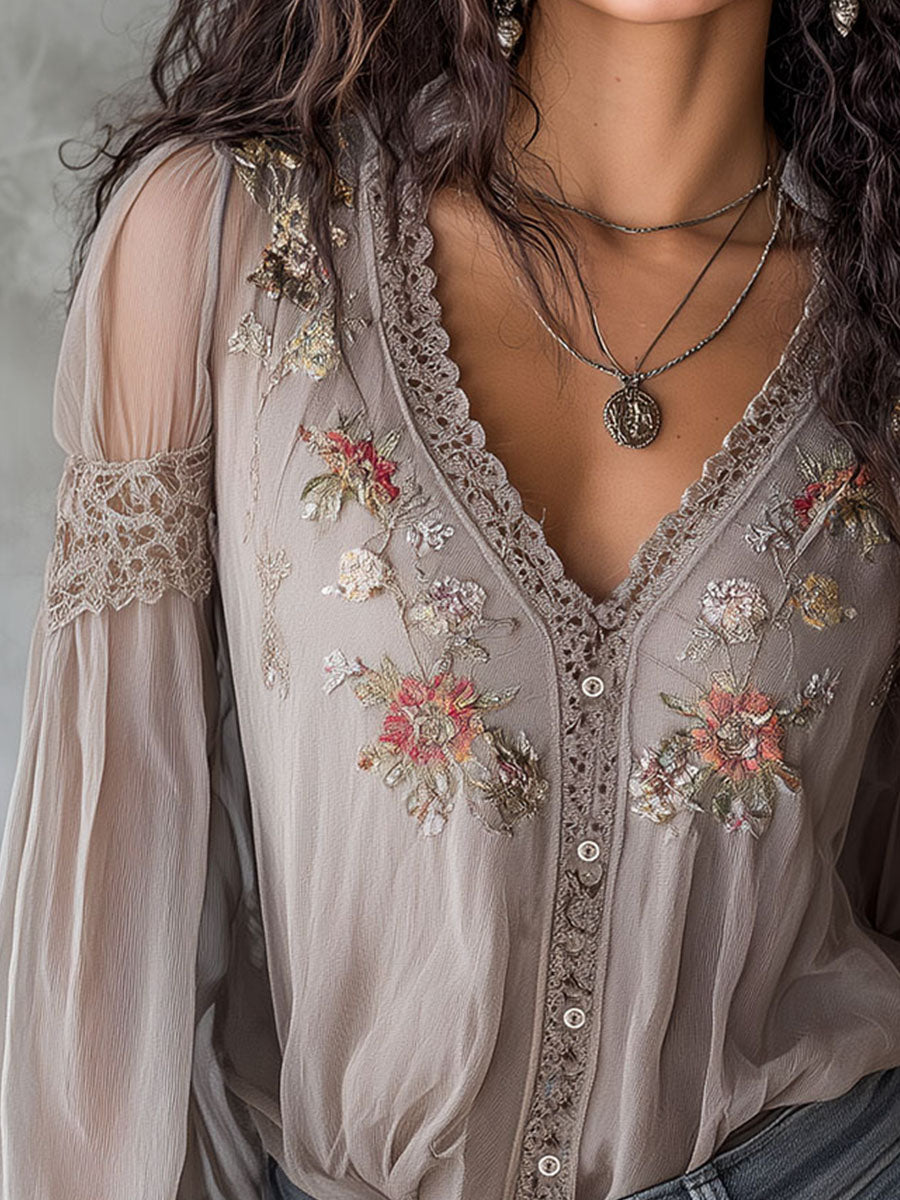Romantic Floral Embroidered Sheer Blouse With Lace Trim - Fashionpara