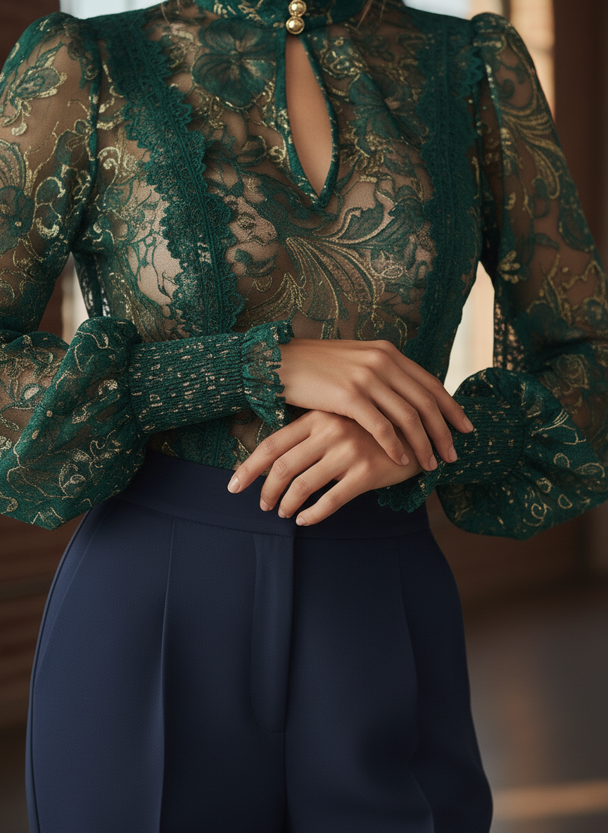 Emerald Green Gold Lace Sheer High-Neck Blouse with Keyhole Detail - Fashionpara