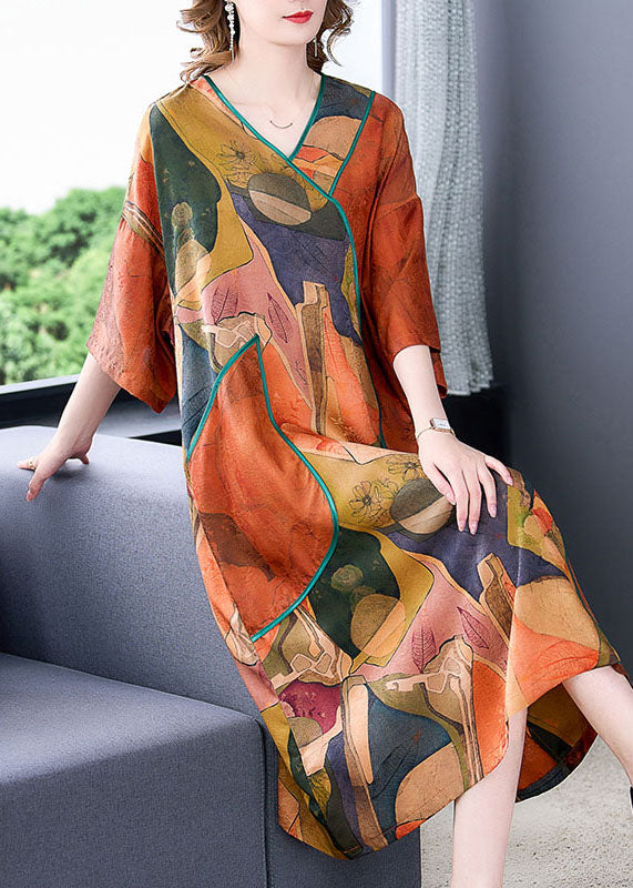 Abstract Print V-Neck Kimono Sleeve Piped Pocket Midi Shift Dress - View 4
