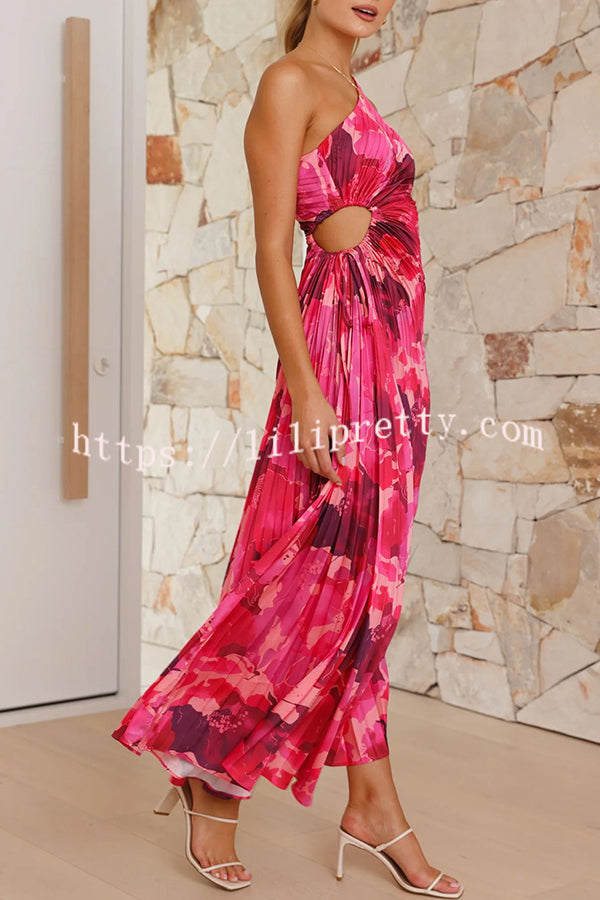 Laken Floral Print One Shoulder Adjustable Tie Cutout Pleated Maxi Dress - Fashionpara