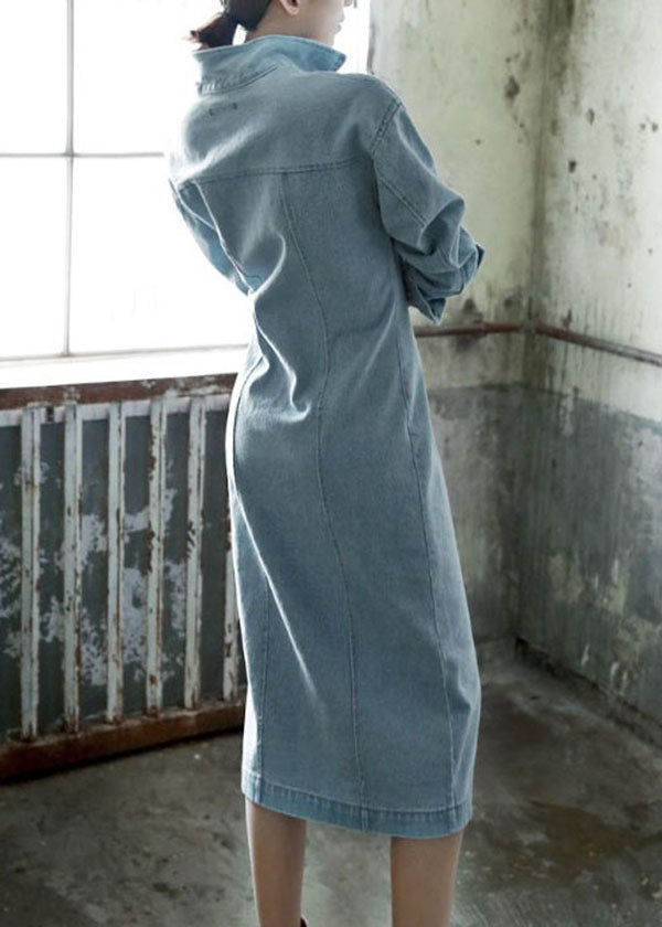 Denim Mandarin Collar Button Down Chest Pocket Midi Dress - View 4