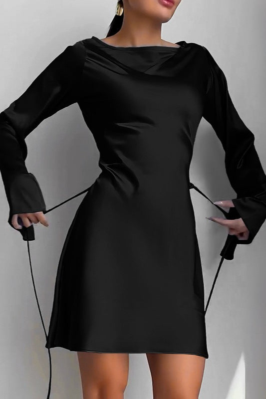 Satin Bodycon Belted Mini Silk Dress