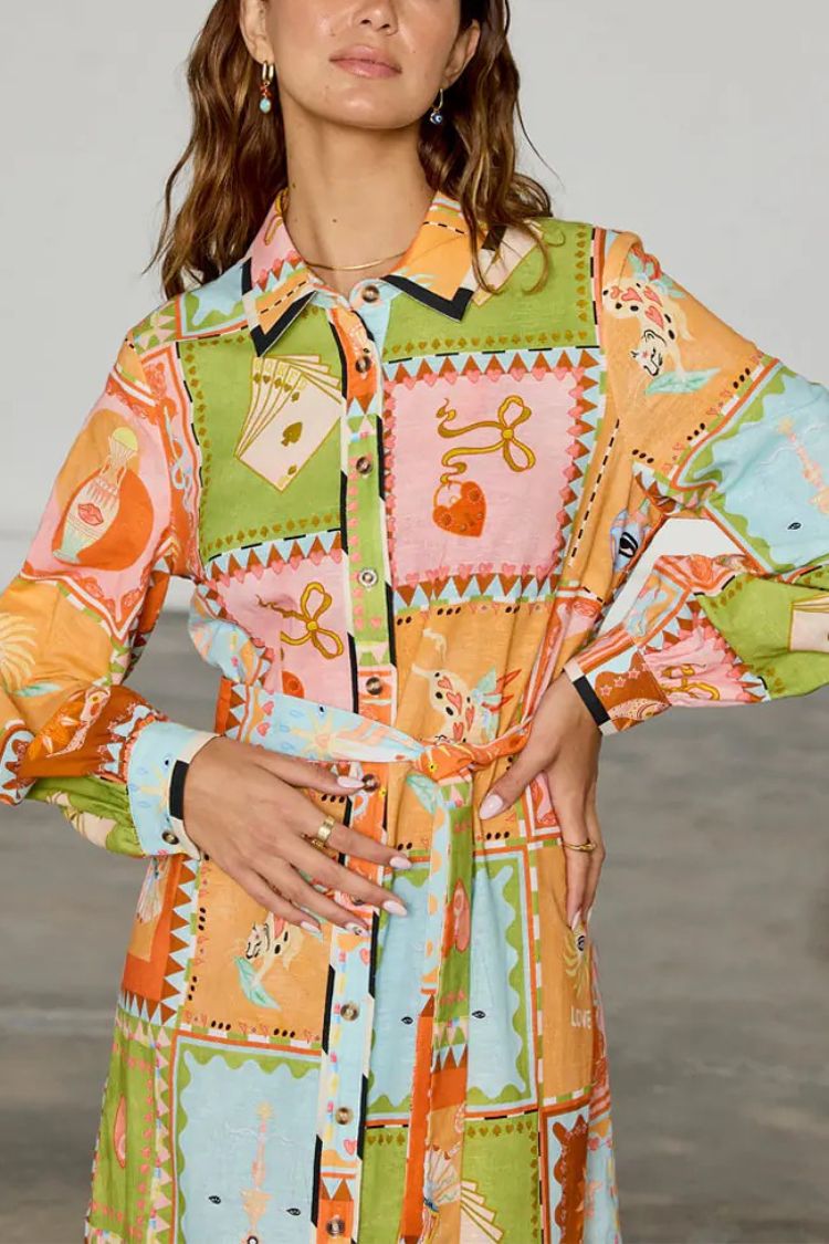 Linen Blend Unique Printed Long Sleeve Lapel Tie-waist Midi Dress - Fashionpara