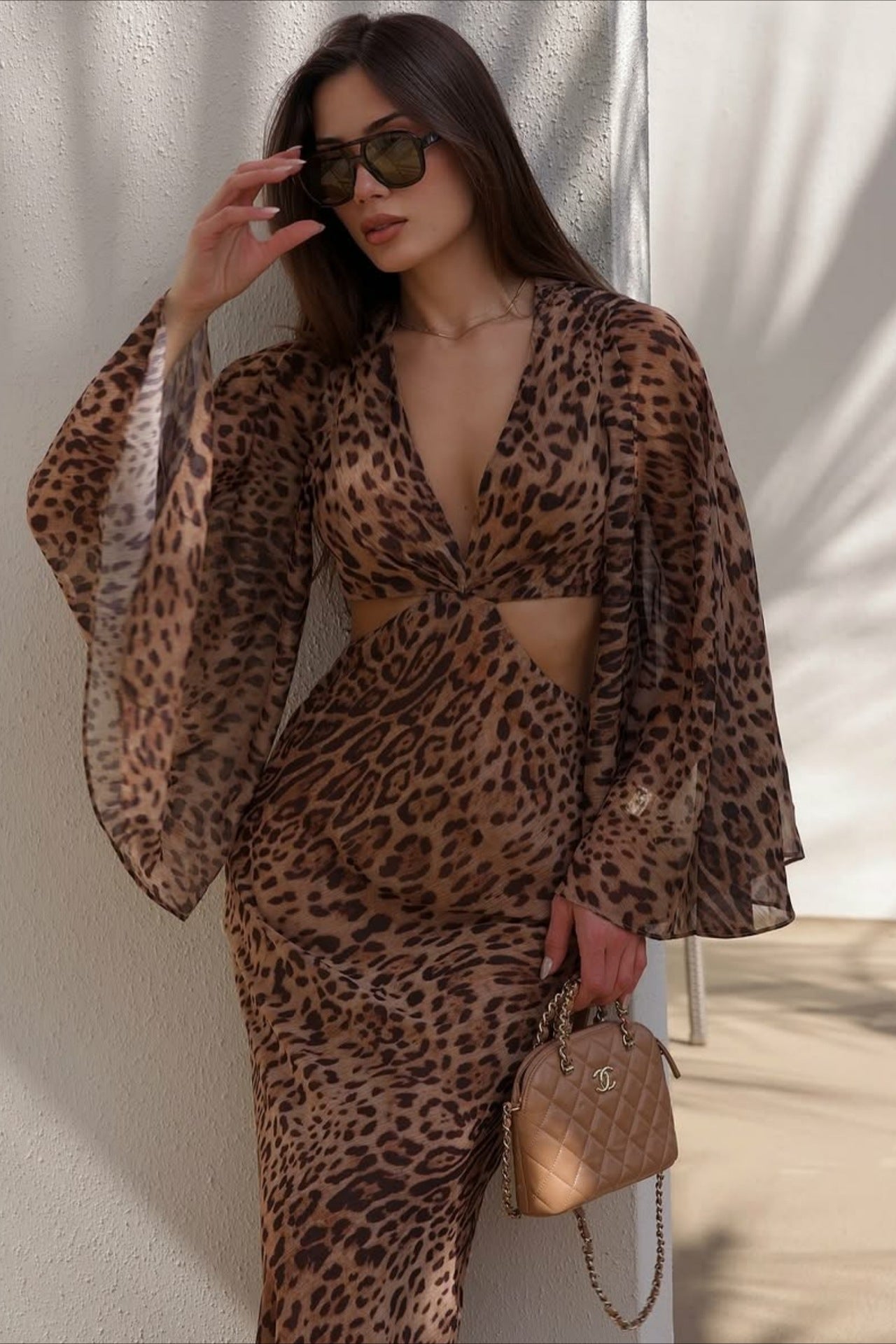 Deep V Leopard Tie Waist Bodycon Maxi Dress
