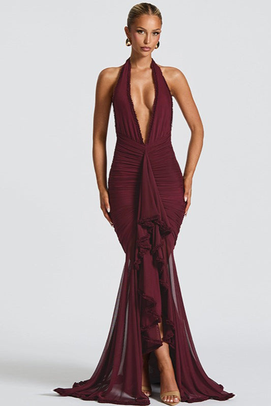 Elegant Mesh Paneled V Neck Halter Backless Long Formal Dress