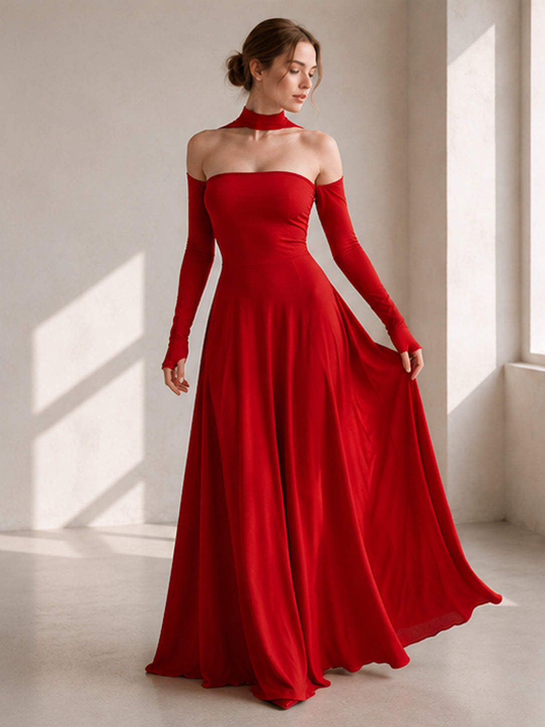 Off-Shoulder Long-Sleeve Choker A-Line Maxi Gown