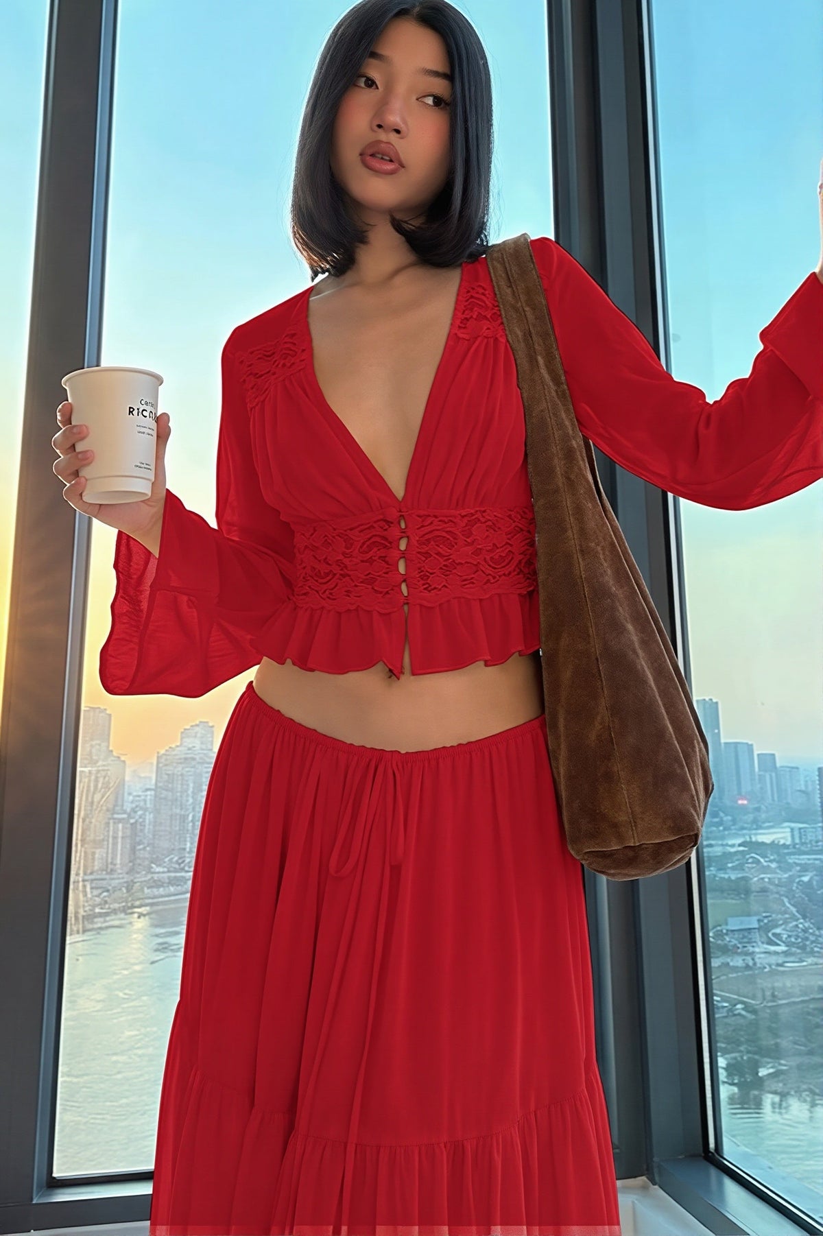 Sheer Long Sleeve Tiered Maxi Two Piece Set 7