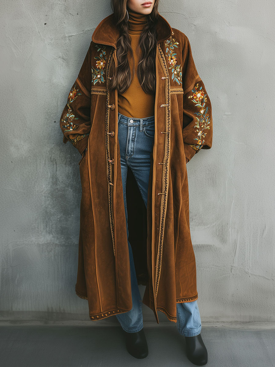 Boho Floral Embroidery Wide Collar Microsuede Long Coat - Fashionpara