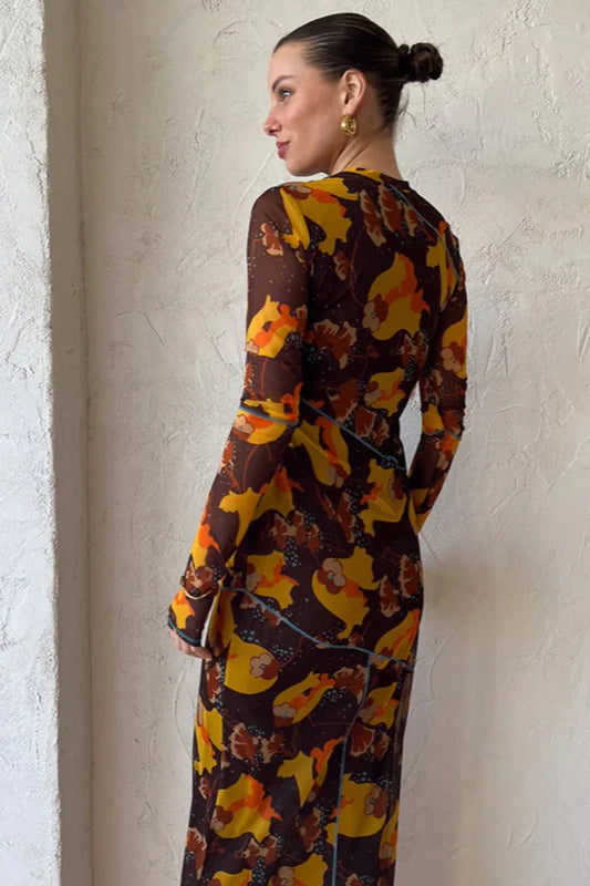 Floral Sheer Long Sleeve Split Maxi Dress