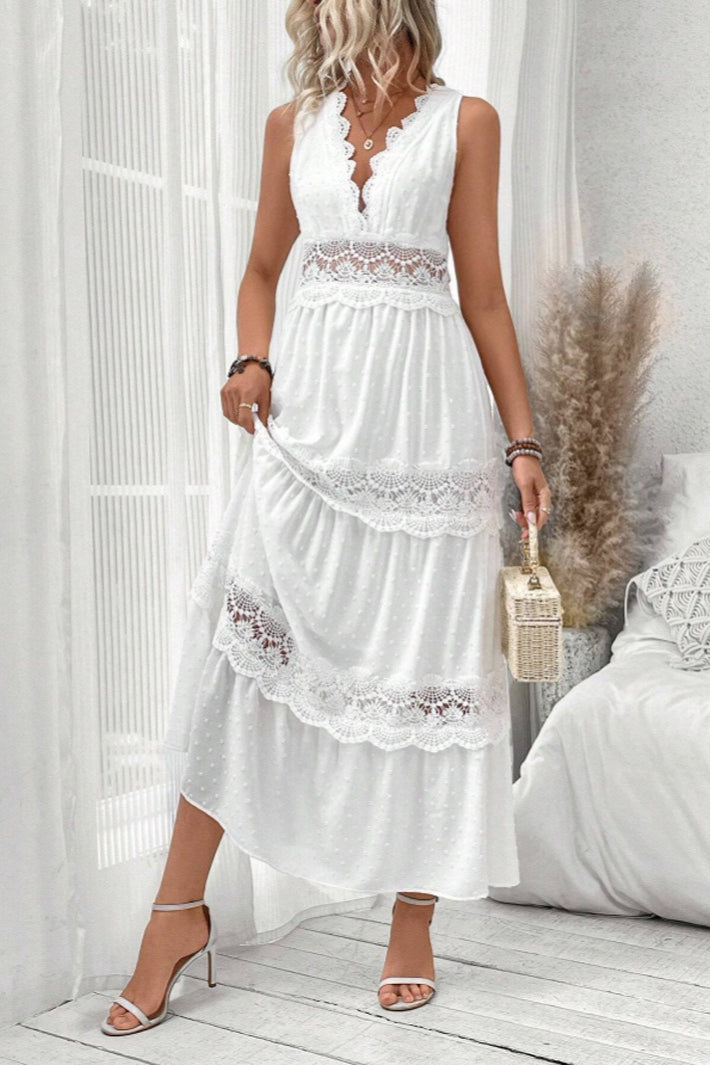 Lace Trim V-Neck Sleeveless Tiered Maxi Dress