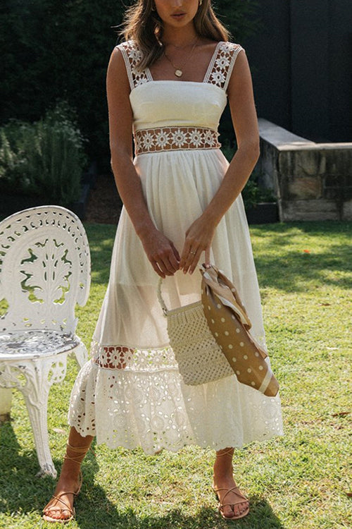Square Neck Sleeveless Eyelet Lace Crochet Waist Midi Dress - View 4