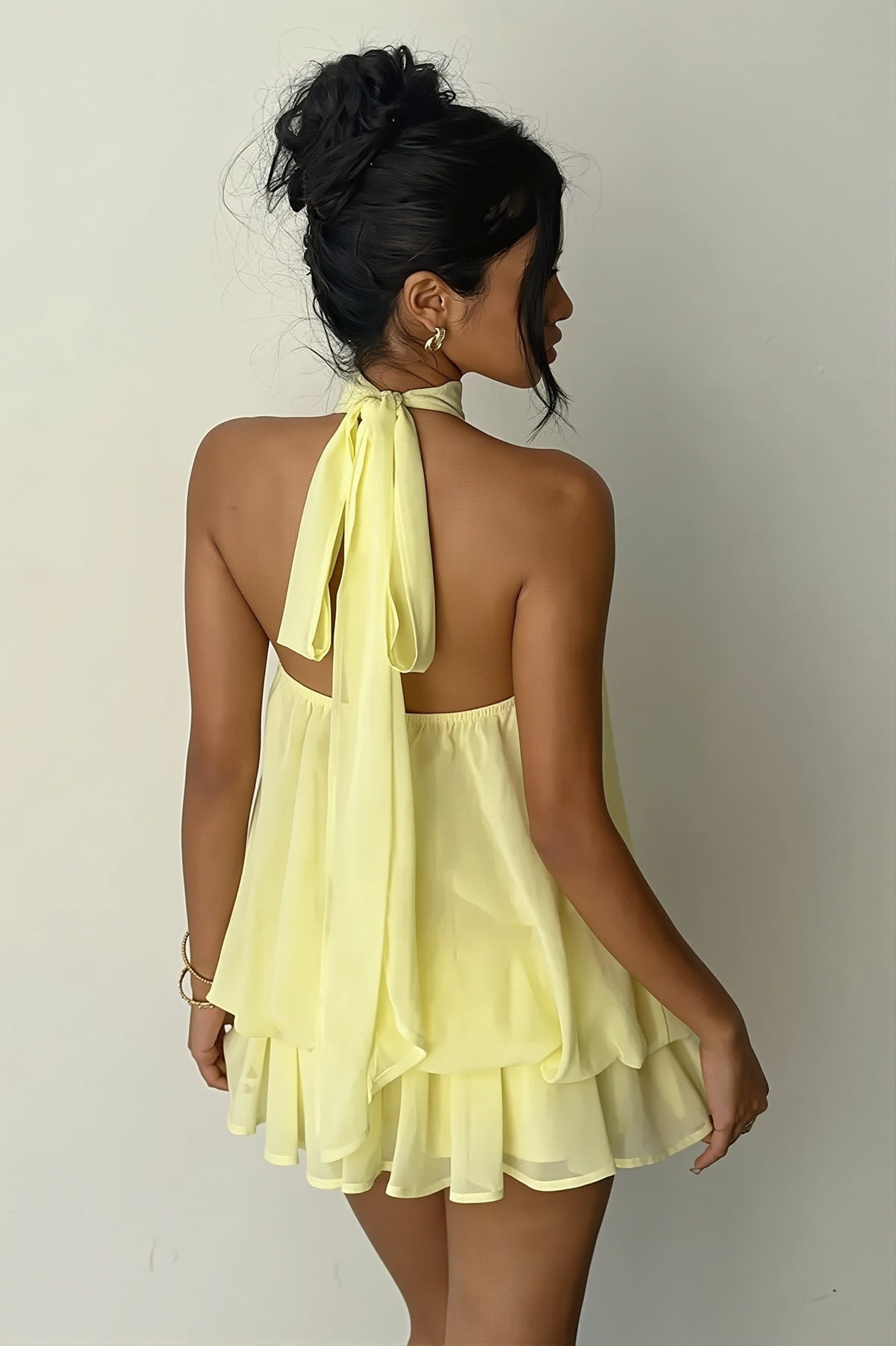 Chiffon Halter Neck Tiered Babydoll Mini Dress