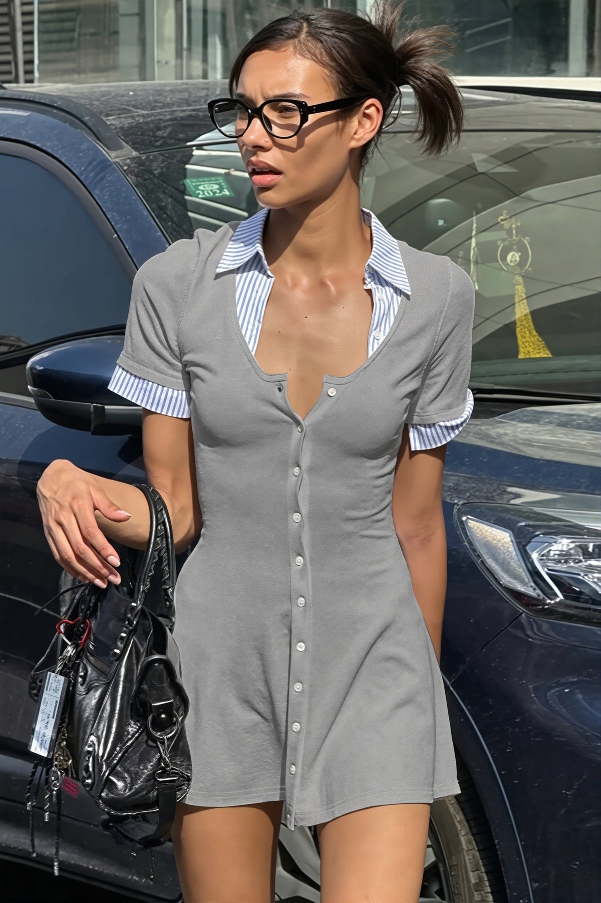 Collared Button-Front Puff Sleeve Mini Dress