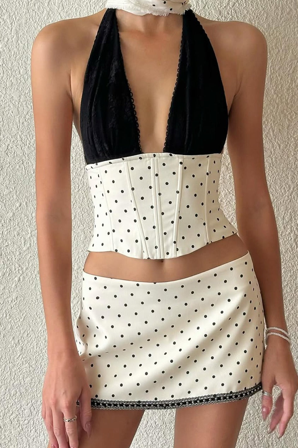 Polka Dot Lace Halter Two Pieces Set - Fashionpara