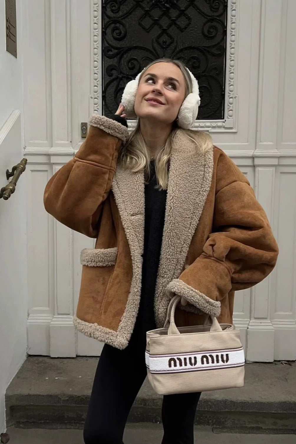 Lapel Faux Suede Shearling Coat - Fashionpara