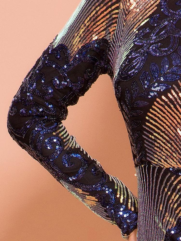 Shimmering Brocade Sequin Backless Dress - Fashionpara