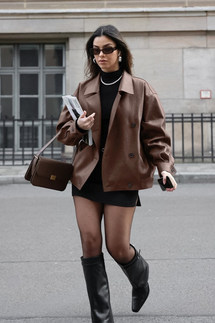 Relaxed Double Breasted Faux Leather Blazer