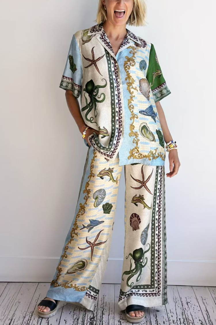 Deep Sea Dreaming Satin Unique Print Short Sleeve Shirt and Elastic Waist Pocketed Pants Set - Fashionpara