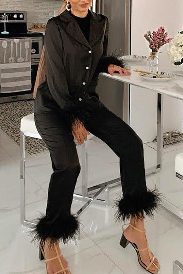 Solid Color Lapel Feather Trousers Two-piece Suit - Fashionpara