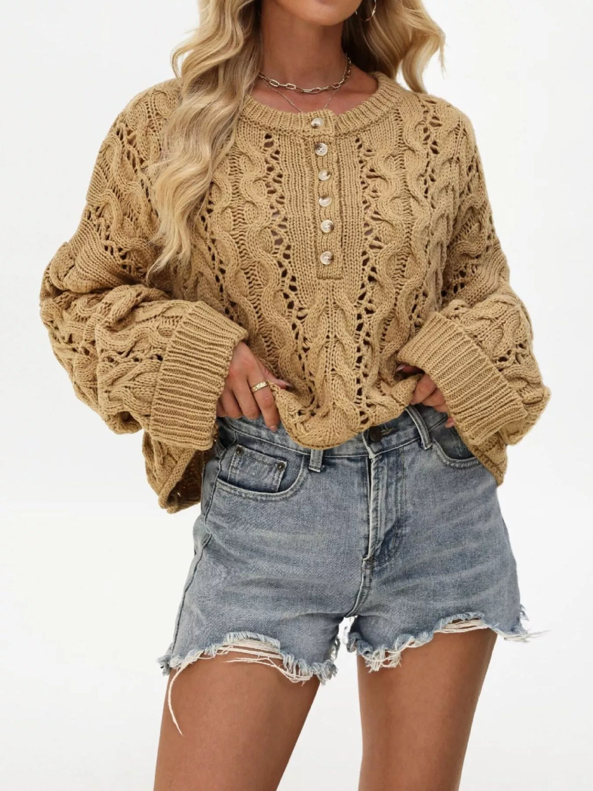 Cable Knit Half-Button Openwork Sweater 9