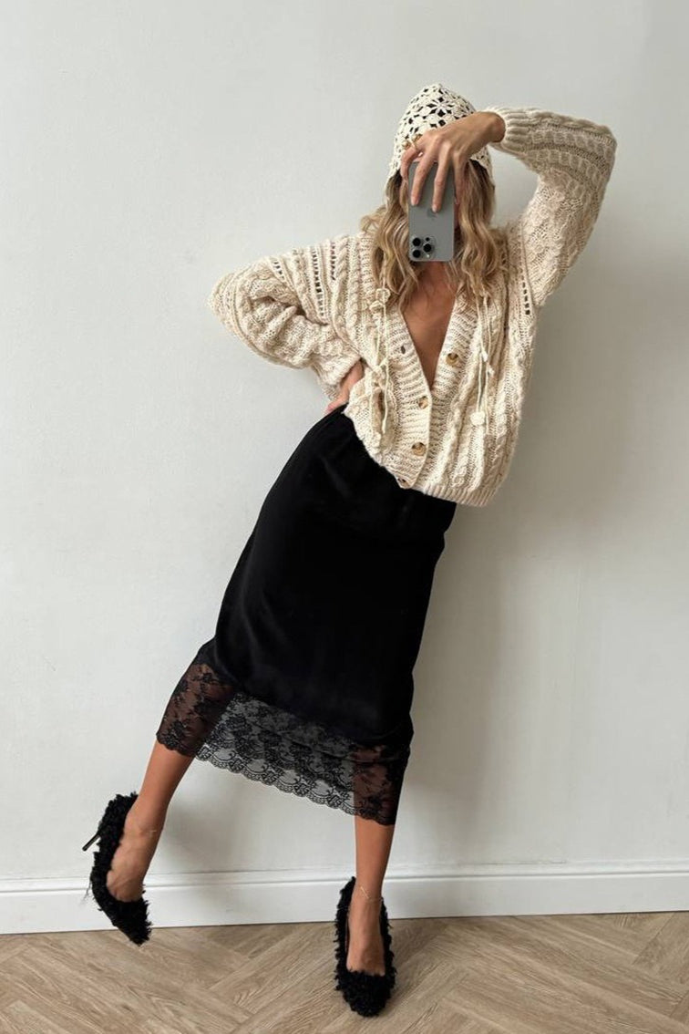 Lace-Hem Satin Midi Skirt