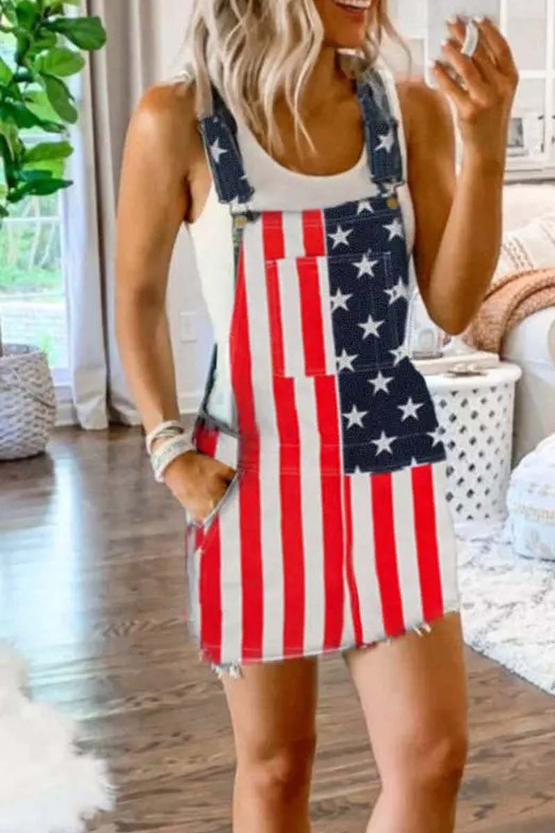 American Flag Star Striped Pocket Overall Mini Dress - Fashionpara