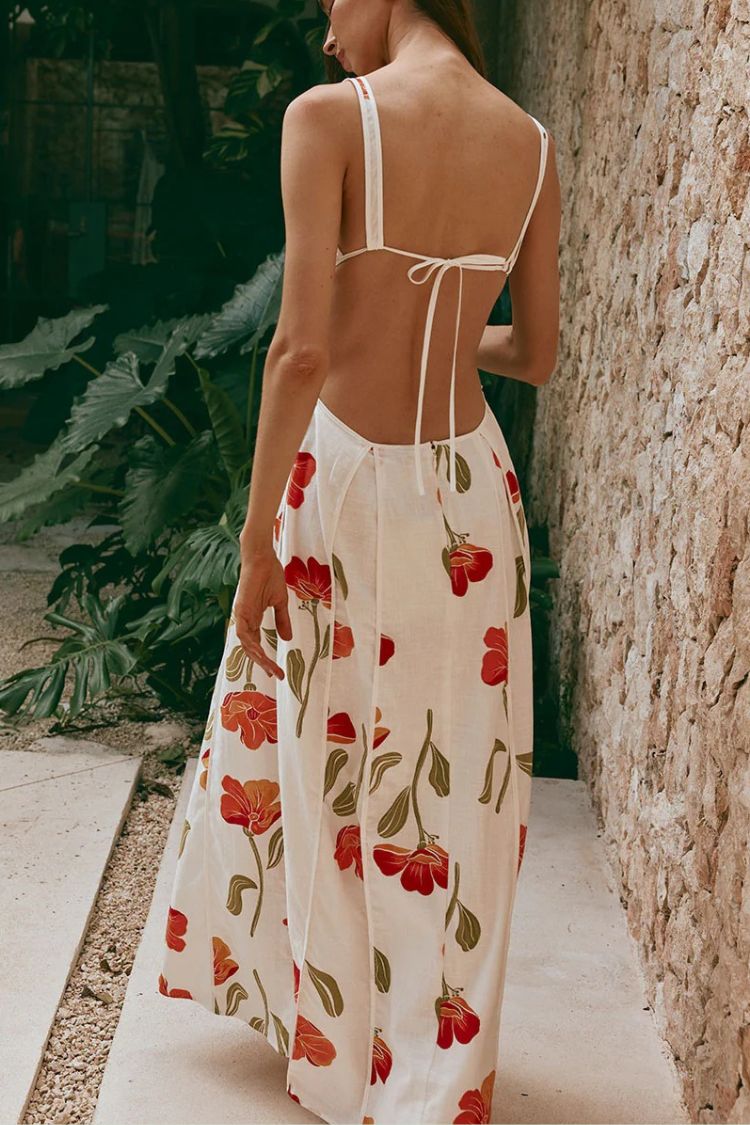 Eliska Linen Blend Poppy Print Cutout Contrast Trim A-line Maxi Dress - Fashionpara