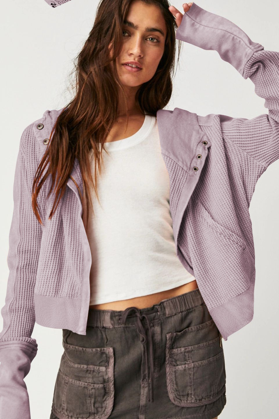 Waffle Texture Zip Front Cropped Hoodie