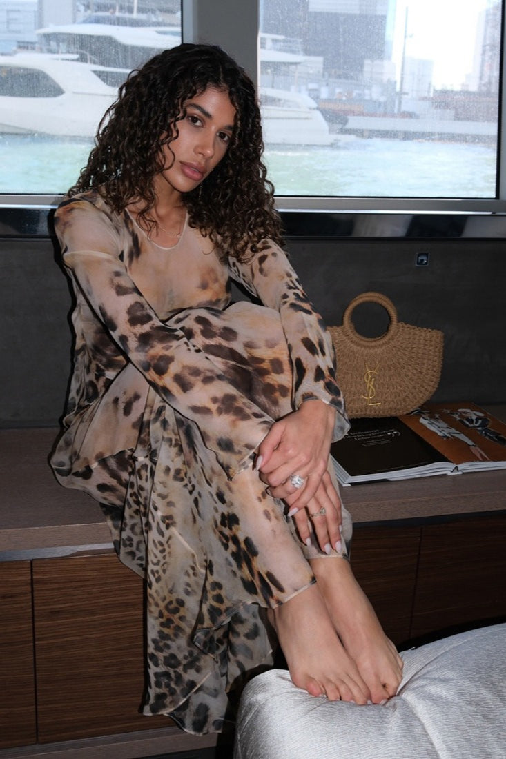 Leopard Print Long Sleeve Sheer Mesh Maxi Dress 4