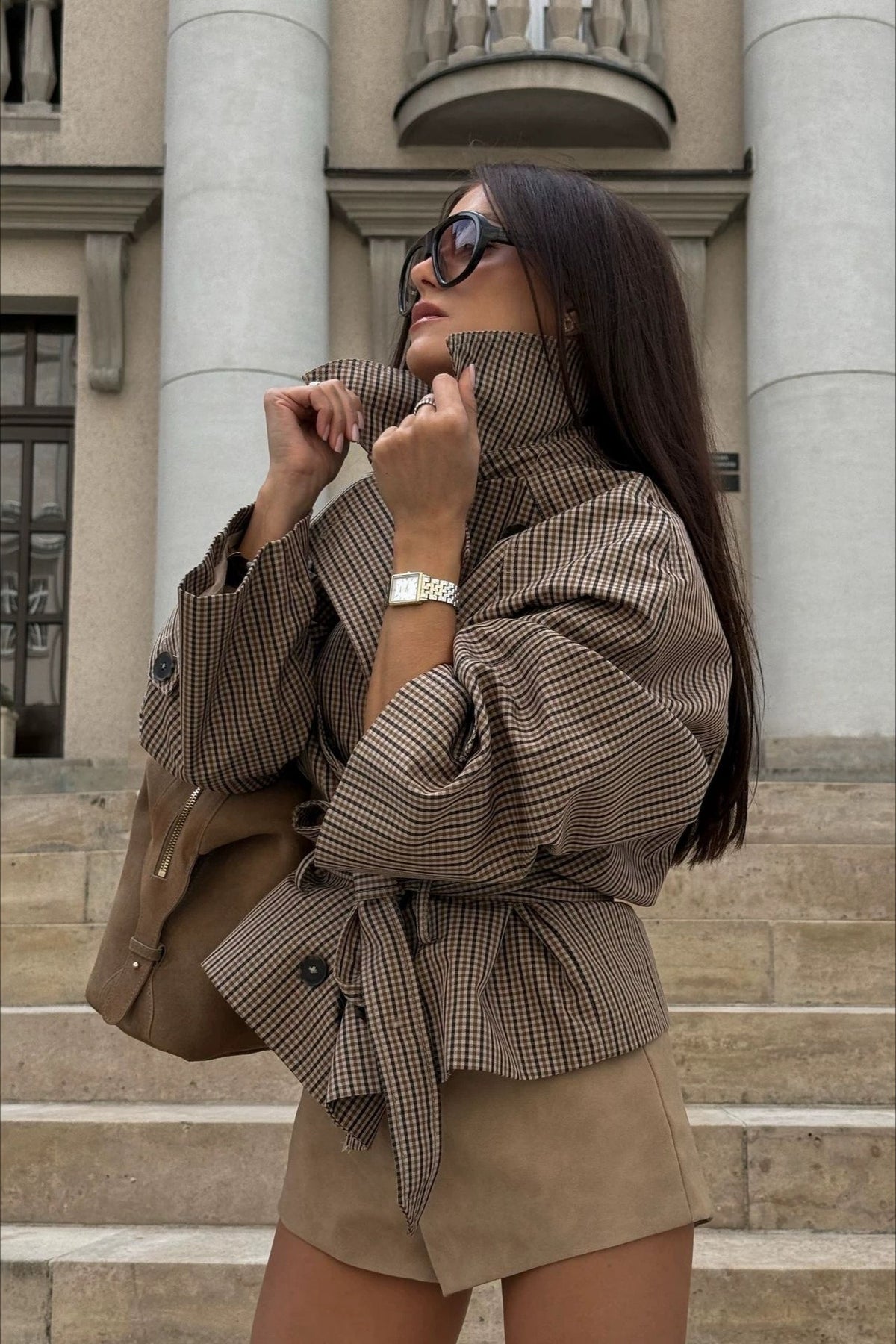 Houndstooth Stand Collar Belted Jacket