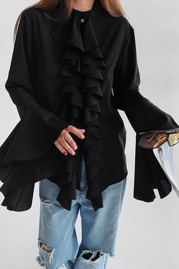 Elegant Ruffle Trim Button Blouse