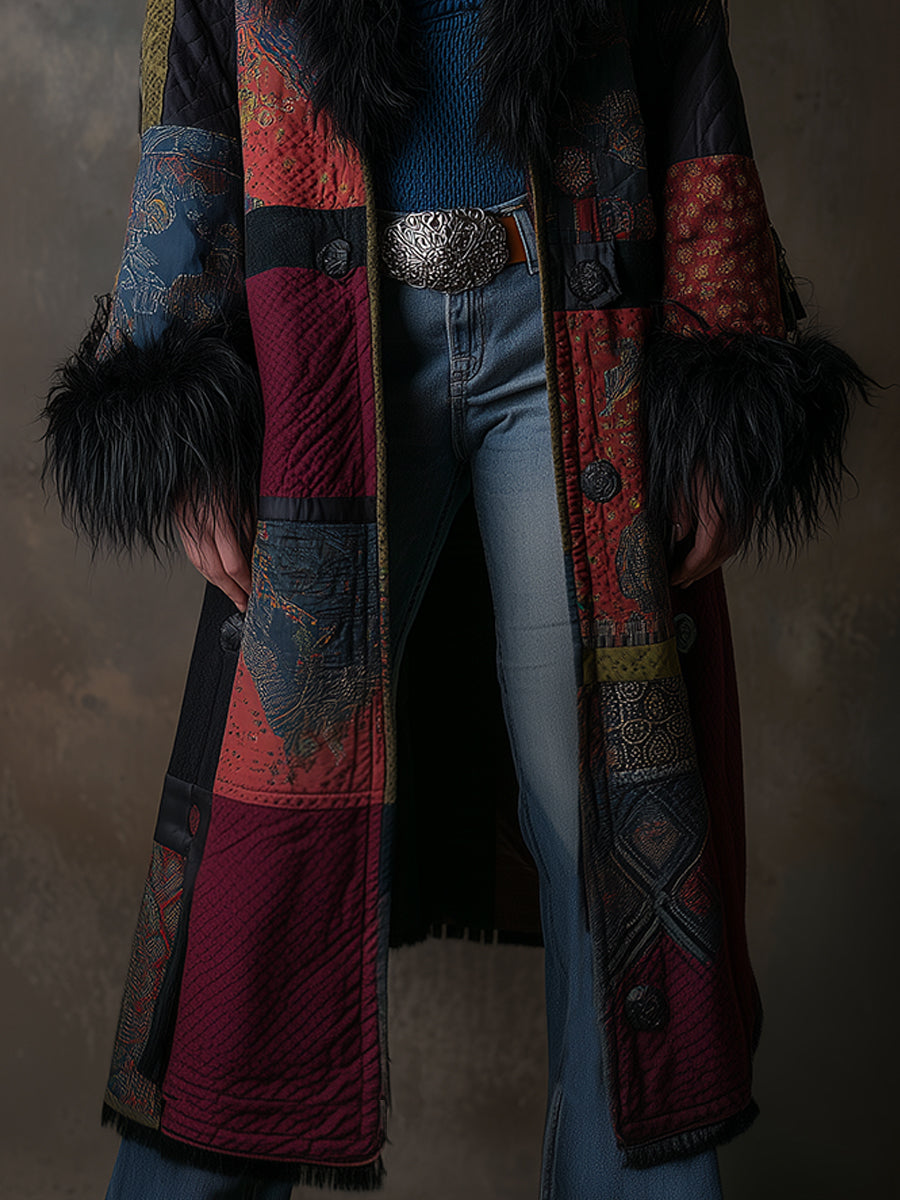 Detachable Fur Collar Vintage Print Quilted Midi Coat - Fashionpara