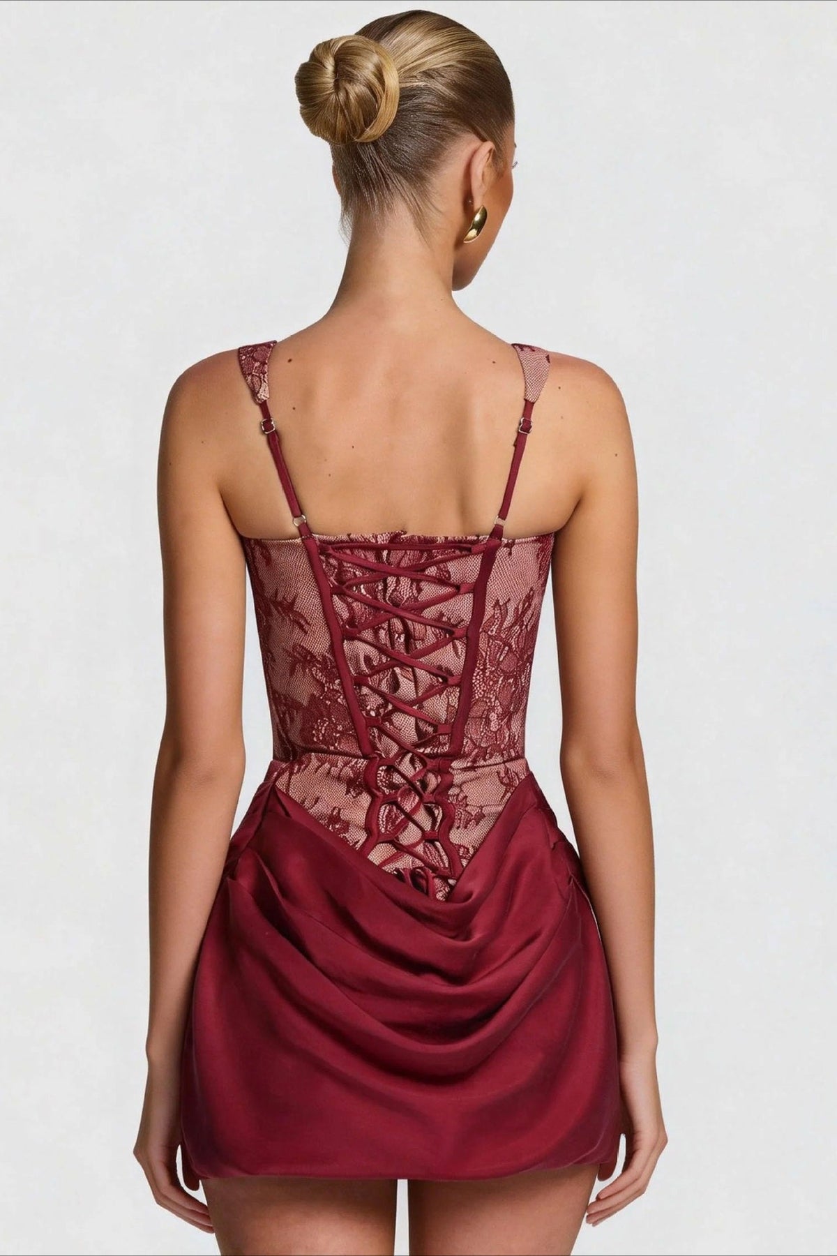 Lace Corset Square Neck Draped Hem Mini Dress