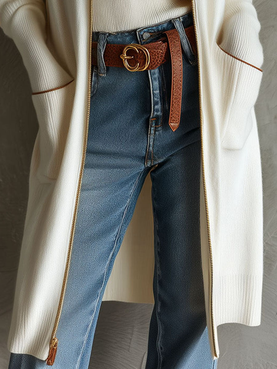 Cozy Front Zip Long Knit Sweater Coat With Pockets - Fashionpara