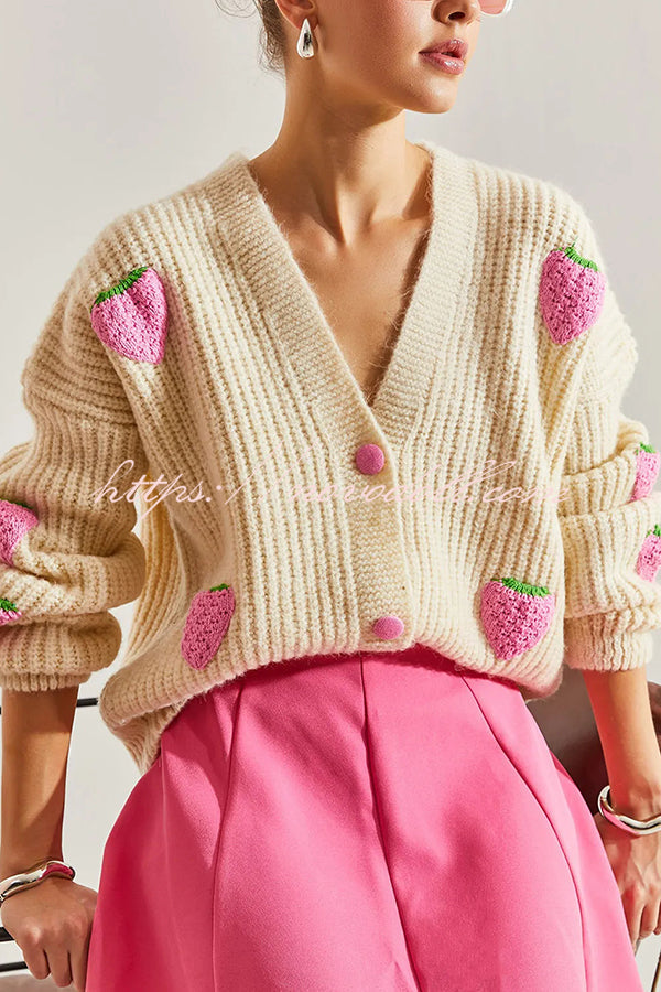 V-neck Strawberry Embellished Knitted Cardigan for Style