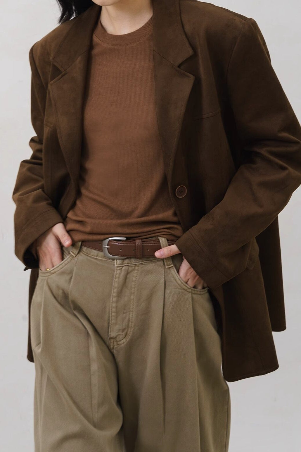 Brown Faux Suede Blazer Coat - Fashionpara