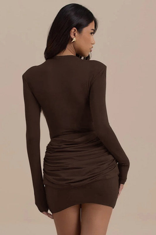 Round-Neck Long-Sleeve Ruched Bodycon Mini Dress