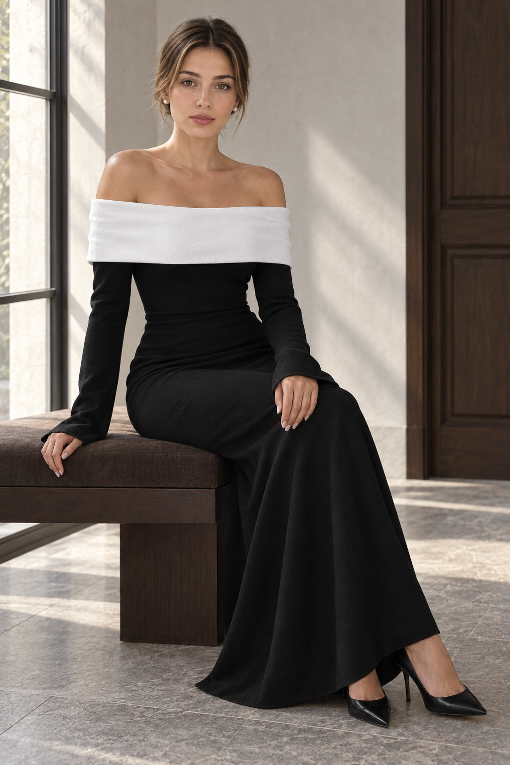 Colorblock Off-Shoulder Long-Sleeve Fishtail Gown