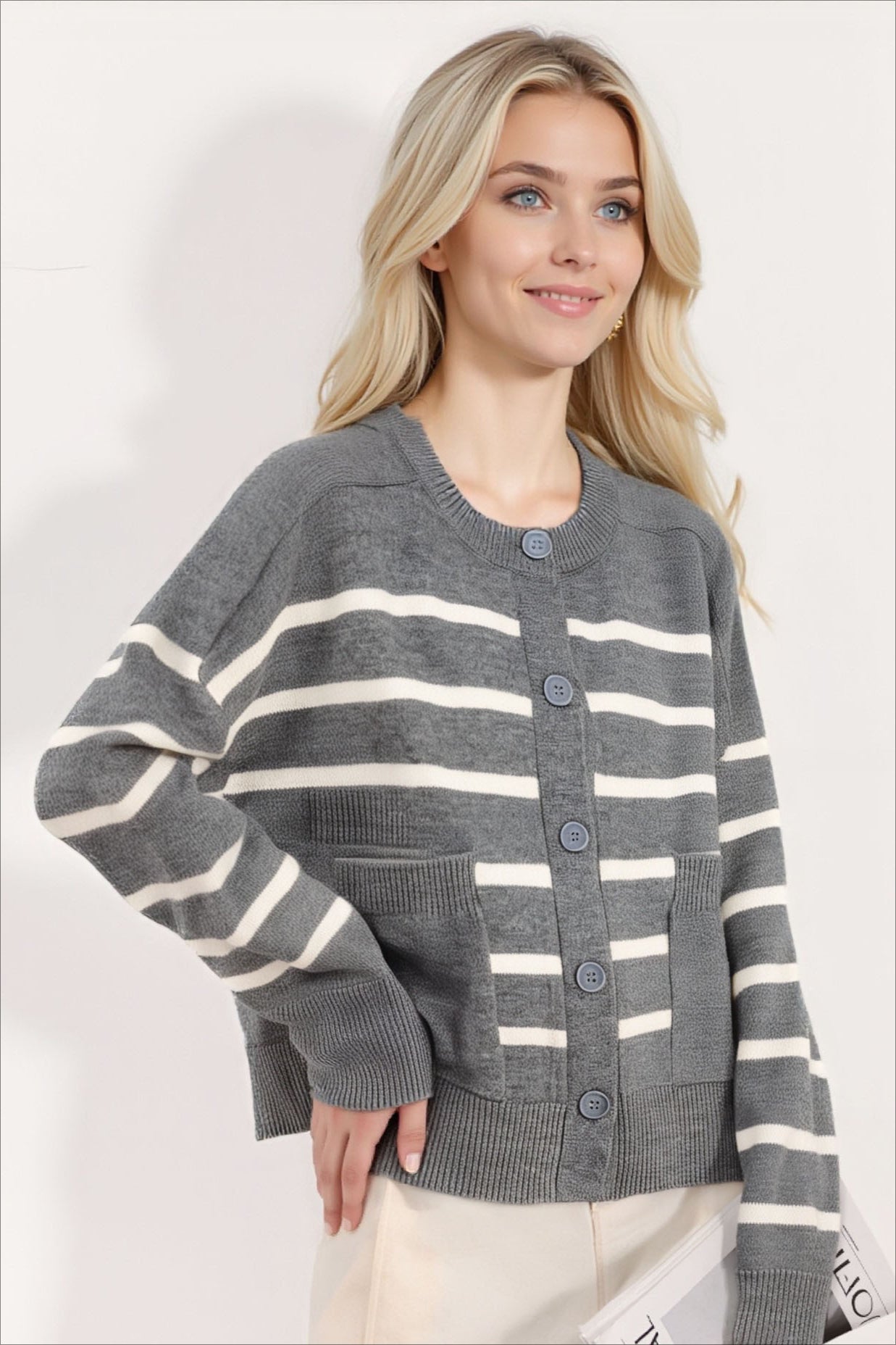 Striped Knit Cardigan with Button Pockets for Effortless Style