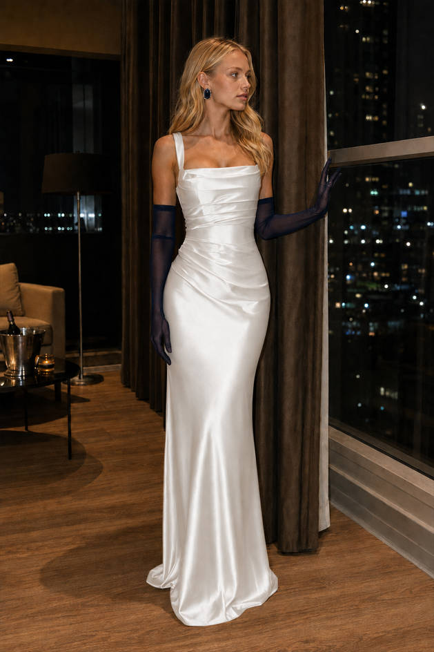 Satin Square Neck Ruched Mermaid Gown
