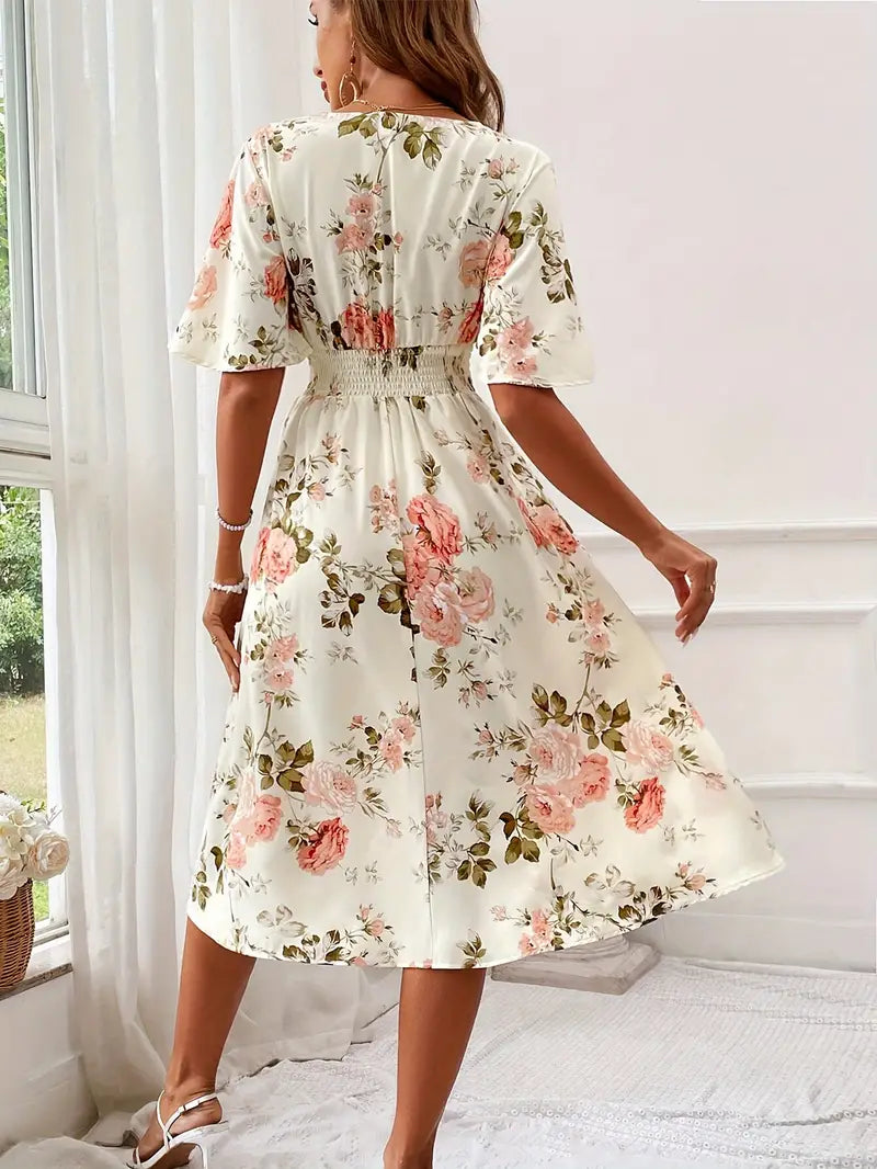 Floral Print V-Neck Flutter Sleeve Shirred Waist Midi Dress - View 2