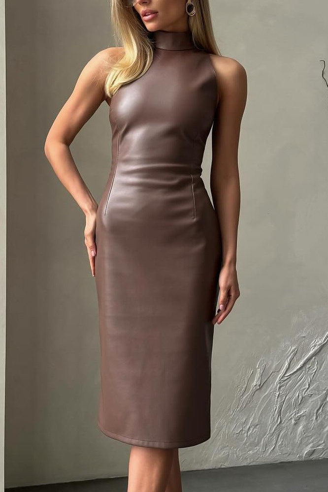 Faux Leather Mock Neck Sleeveless Bodycon Midi Dress