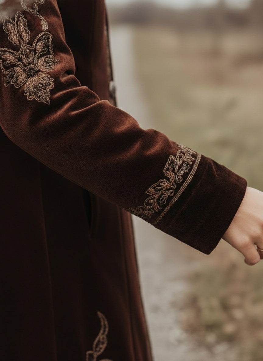 Rich Velvet Embroidered Long Coat - Fashionpara