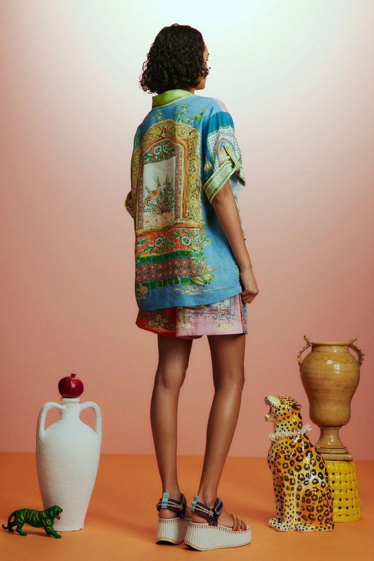 Unique Print Loose Short Sleeve Shirt and Elastic Waist Drawstring Pocket Shorts Set - Fashionpara