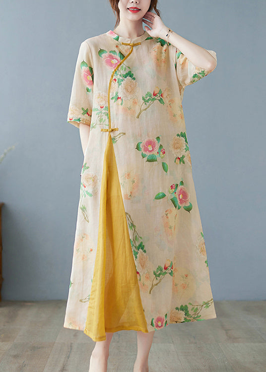 Floral Print Mandarin Collar Frog Closure Asymmetric Midi Dress - View 3