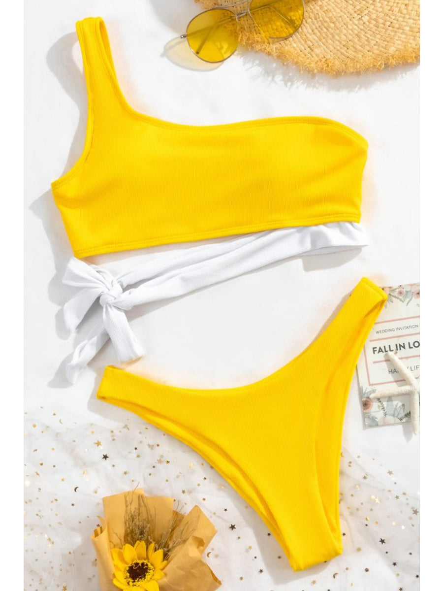One Shoulder Bandage Design Yellow Bikini Set - Fashionpara