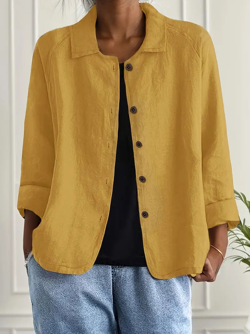 Collared Long Sleeve Button Front Linen Look Shirt 9