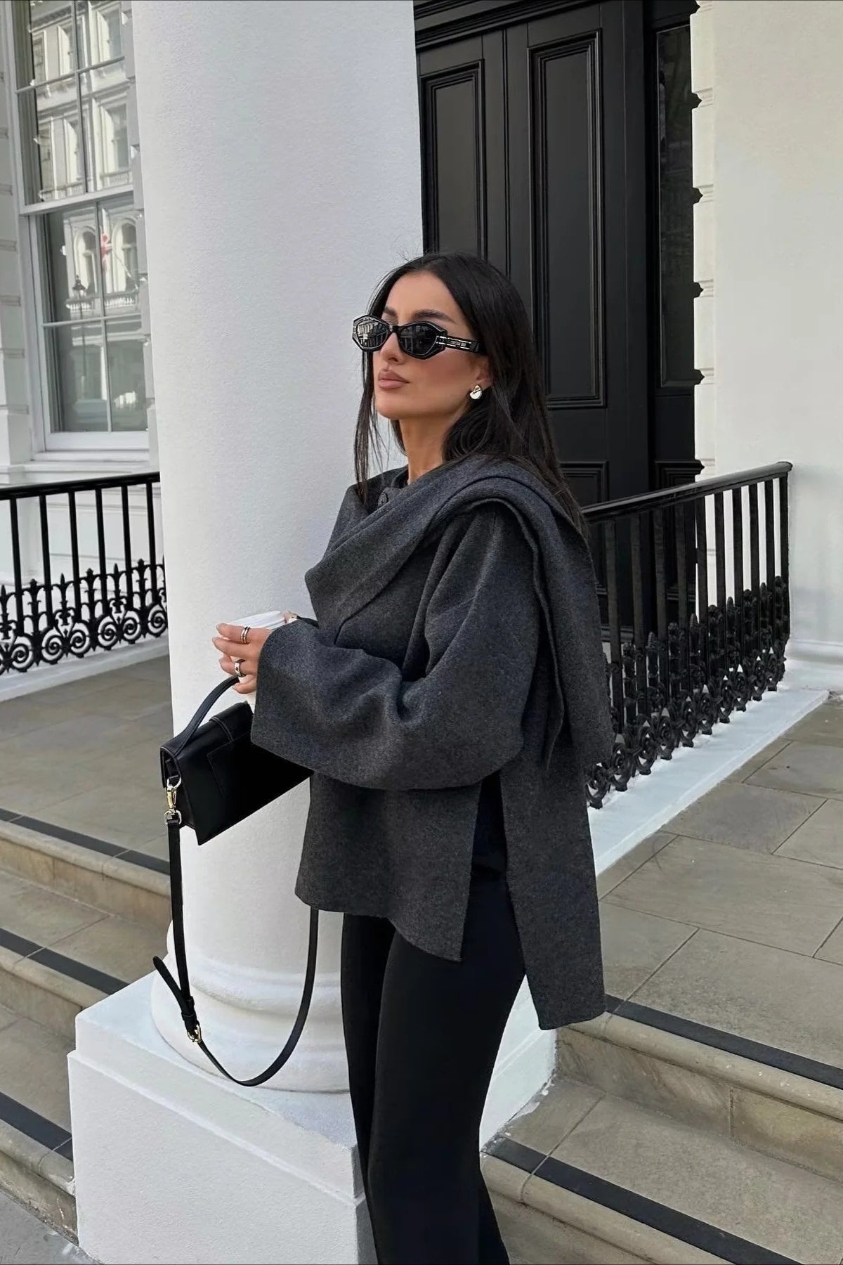 Cropped Knit Asymmetric Scarf Collar Coat - Fashionpara